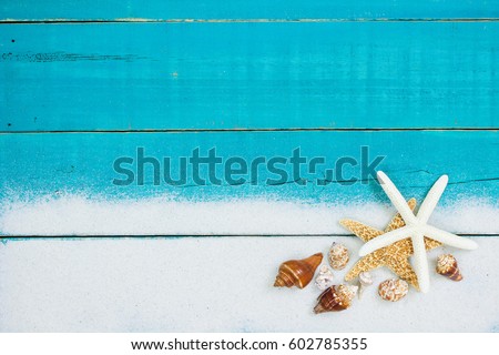 Collection of seashells and starfish in sand border on antique rustic teal blue wood background; blank wooden beach sign with copy space
