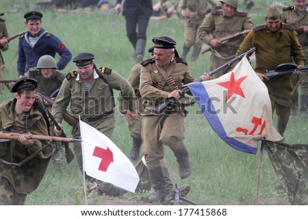 Odessa, Ukraine - May 6: Fragment Reconstruction combat events in 1943, in the Battle of Odessa in the Second World War of 1941-1945. Soviet soldiers, May 6, 2012 in Odessa, Ukraine