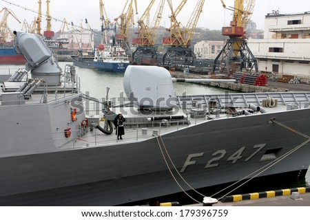 ODESSA, UKRAINE -12 April : F247 naval ship docked in the port of Odessa , Ukraine, April 12, 2008 . Friendly visit to Ukraine