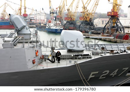 ODESSA, UKRAINE -12 April : F247 naval ship docked in the port of Odessa , Ukraine, April 12, 2008 . Friendly visit to Ukraine