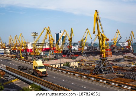 ODESSA, UKRAINE - APRIL 16: maritime cargo port of Odessa . Container terminal . Loading is carried out works of Ukrainian industrial goods and cargo , April 16, 2014 Odessa, Ukraine