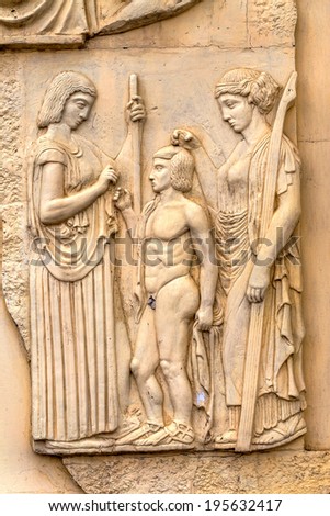 stone facade fresco decoration scenes from ancient Greek myths