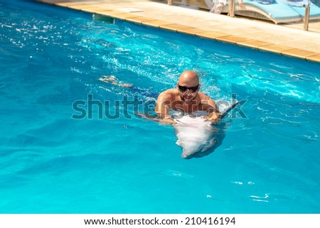 Happy handsome young man happily swimming with dolphins in the blue swimming pool on a bright sunny day on the occupation of the dolphin