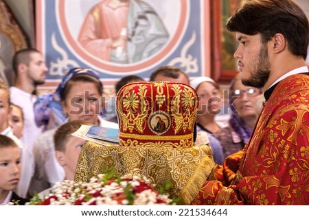 ODESSA, UKRAINE - SEPTEMBER 13: Celebration of the Orthodox Christian religious holiday icons of the temple village. Metropolitan of Odessa and Izmail Agafangel, September 13, 2014 in Odessa, Ukraine