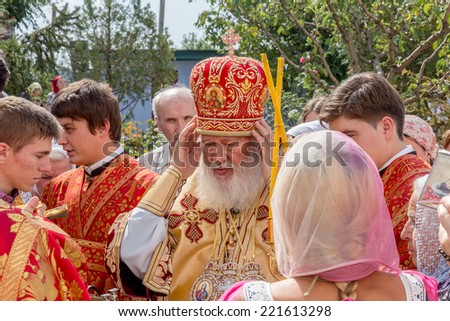 ODESSA, UKRAINE - SEPTEMBER 13: Celebration of the Orthodox Christian religious holiday icons of temple in village. Metropolitan of Odessa and Izmail Agafangel, September 13, 2014 in Odessa, Ukraine