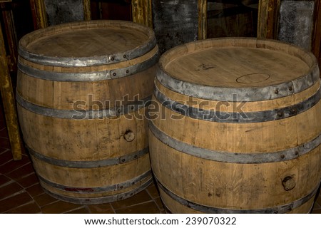 Old oak barrels in the cellar at the entrance to the dark background of the old glass door with broken glass walls in dark colors