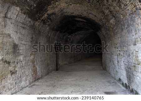 Old abandoned tunnel in the underground wine cellar. Entrance to the catacombs in Odessa, Ukraine. As a creative background for staged dark design