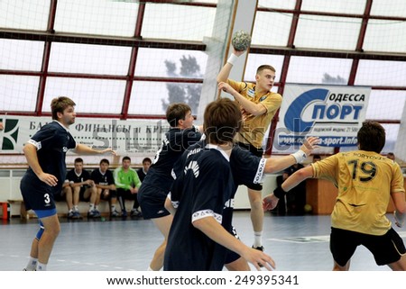 Odessa, Ukraine - September 19, 2010: The intense emotional friendly handball match between regional derby men\'s national teams and the Polytechnic Portovik