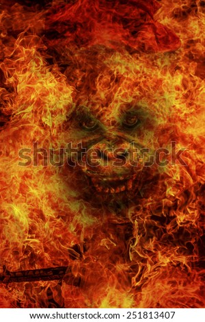 Abstract image of a huge ape in a flame of fire, the symbol of an angel of death. Conceptual blank for background illustration of scary stories and horror. devil