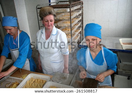 Odessa, Ukraine - July 7, 2007: The factory for the production of food from natural Ingredients. Food Convenience food. Production of dumplings, pancakes. Baking food products.