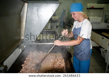 Odessa, Ukraine - July 7, 2007: The factory for the production of food from natural Ingredients. Food Convenience food. Production of dumplings, pancakes. Preparation of filling. Motion Blur.