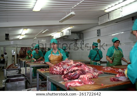 Odessa, Ukraine - July 7, 2007: The factory for the production of food from natural Ingredients. Food Convenience food. Production of dumplings, pancakes. Butcher shop. Butchering beef. Motion Blur.
