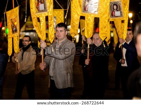 Odessa, Ukraine - April 11, 2015: Easter, parishioners of the Orthodox Church. Holy Fire from Jerusalem at the feast of the Resurrection of Christ. Orthodox Christian Easter