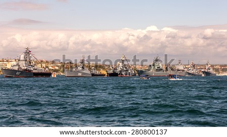 Sevastopol, Russia - May 9, 2015: Marine Parade warships Russian Black Sea Fleet. Day of the Victory of the Great Patriotic War. 70 years of the Great Victory over fascism. Russian navy