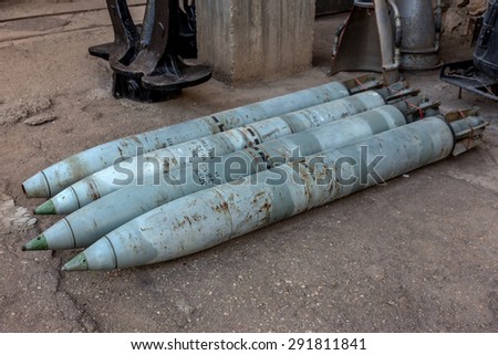Balaklava, Crimea - 25 May 2015: - Sektretny military object K-825 - underground submarine base and weapons during the Cold War in Sevastopol. Marine torpedo - armed submarine