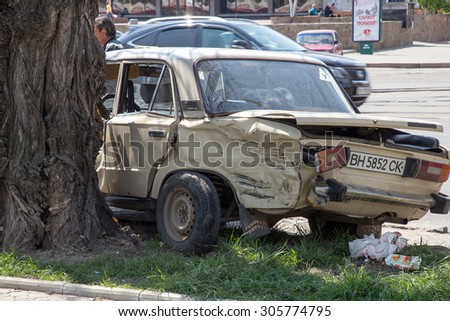Odessa, Ukraine - May 3, 2015: A car accident in the city center. The driver lost control of the car and crashed into a tree