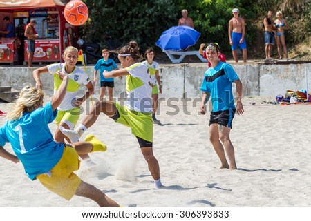 Odessa, Ukraine -15 August 2015: Championship of Ukraine on beach football among amateur women on the beach Langeron. Women\'s football. Football on the sand