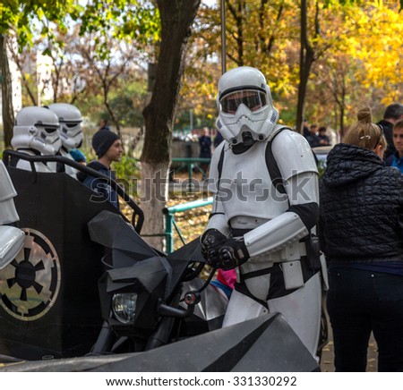 Odessa, Ukraine -25October 2015: Darth Vader stormtroopers just communicate with humans photographed with children. Fictional characters Star Wars appeared in real life in  elections to local councils