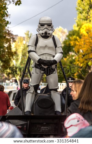 Odessa, Ukraine -25 October 2015: Darth Vader\'s stormtroopers just communicate with humans, photographed with children. Fictional characters Star Wars appeared in real life in  elections to  councils