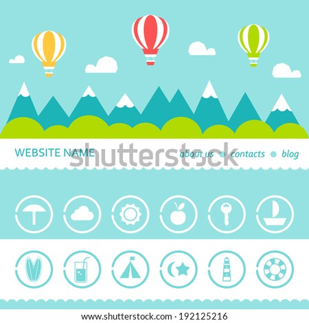 Mountains Clouds Hot Air Balloons Landscape Responsive Design Template and Icons Set Mountains Clouds Hot Air Balloons Landscape Responsive Design Template and Icons Set