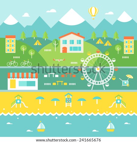 Resort Town Landscape. Mountains, Houses, Trees, Cafe, Beach, Ocean. Tourism and Recreation Concept