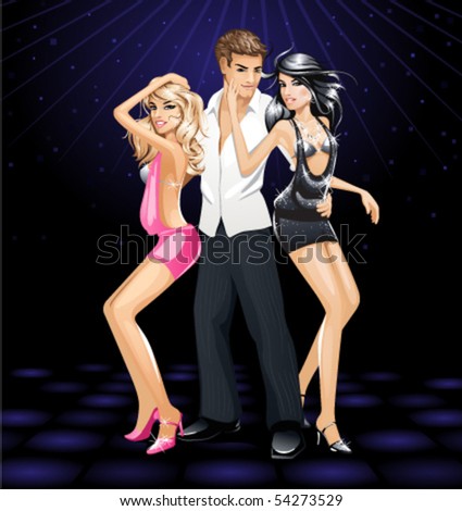 stock vector : vector illustration of dancing girls and guy on dance floor 