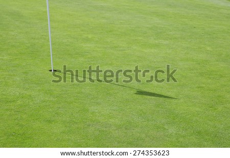 a golf course with manicured lawns and hole with flag