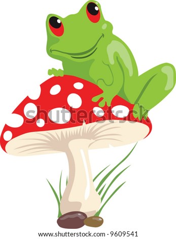 stock vector :  green frog sitting on a red coloured mushroom 