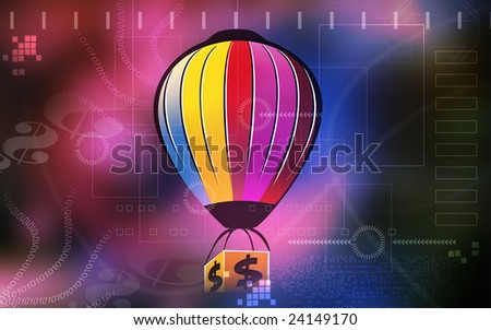 Illustrations of  a multi coloured air balloon carrying  a dollar box