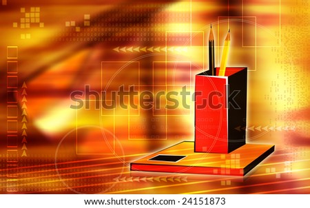 Illustration of  a  red wooden pen stand with pencils