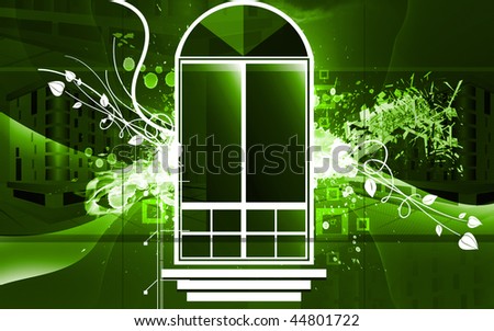 Illustration of French window with colourful glass