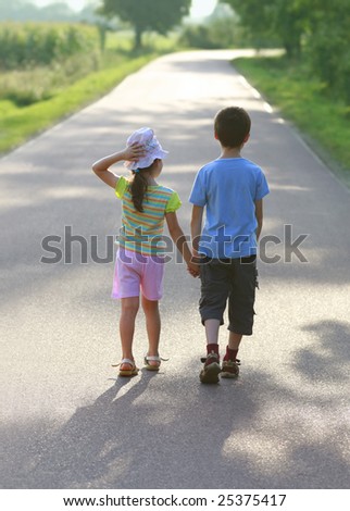 Hansel and Gretel, road to sun, children love, hold hands