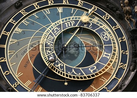 Clock face of the astronomical clock in Prague.  Skeleton could be seen as showing time as limited