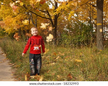 The boy throws fallen down foliage