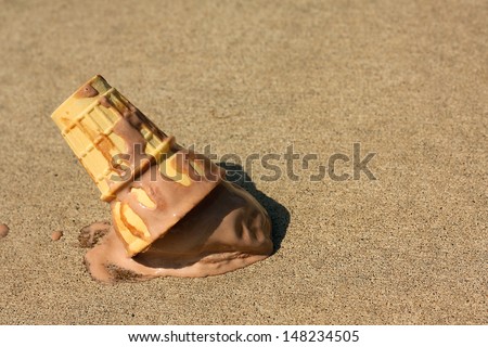 A melting chocolate ice cream cone has dropped upsidedown onto the sidewalk on a sunny summer day