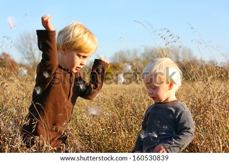 Two young children, a little boy and his baby brother, are playing outside in the country throwing fuzzy milkweed seeds in the air