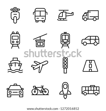 Transportation and vehicle icons pack. Isolated transportation and vehicle symbols collection. Graphic icons element