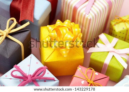 Cute gift boxes on pink background.  Cute Gift boxes with Cute bow.