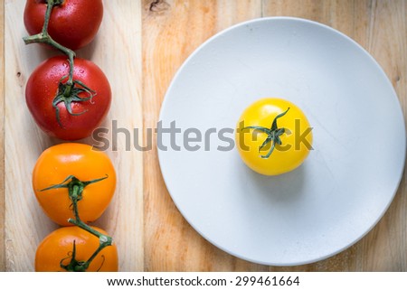 Four fresh tomatoes in different colors, red and orange in line form on top of a light wood table with yellow tomato alone on top of a white plate.