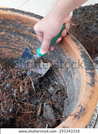 Image of hand holding a shovel cultivating the soil in a pot