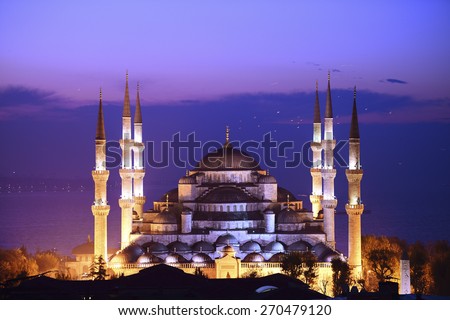 Illuminated Sultan Ahmed Mosque (Blue Mosque) before sunrise, Istanbul, Turkey
