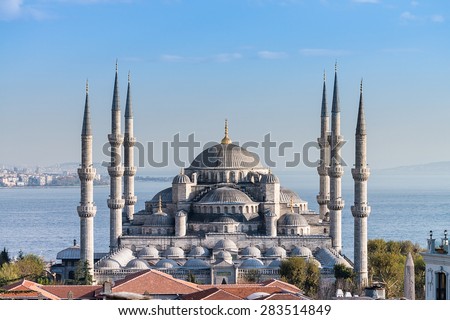 Sultanahmet Mosque (Blue mosque) with blue sky and sea, Istanbul, Turkey