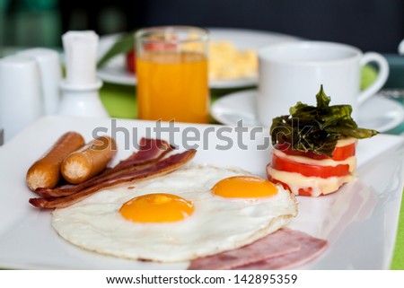 Fried Eggs with sausage, bacon, ham and tomato cheese (Breakfast)