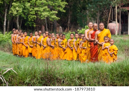 UDONTHANI THAILAND - April 18: An unidentified monk teach young novice monks in temple on April 18, 2014 in UDONTHANI THAILAND. Temple is the school in rural of Thailand.