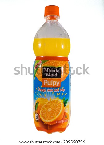 Bangkok, Thailand - August 7, 2014: Minute Maid Pulpy Orange Juice with Pulp. The Minute Maid company is owned by The Coca-Cola Company, the largest marketer of fruit juices and drinks.