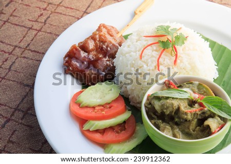 Thailand food Green curry Intense soup with rice and Grilled Pork