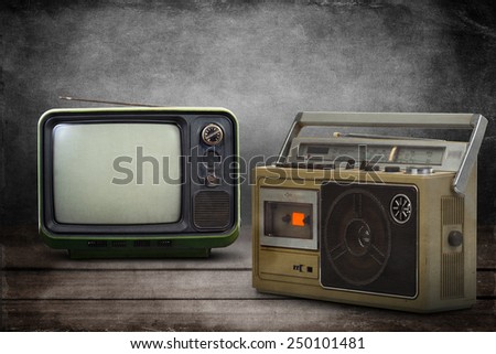 the still life retro ghetto blaster with Vintage style old television