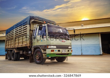 Udonthani - Thailand, Aug 13, 2015; dump truck Private Hino Cargo truck. Photo at rice warehouse in Udonthani Province Thailand