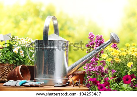 Outdoor gardening tools and flowers