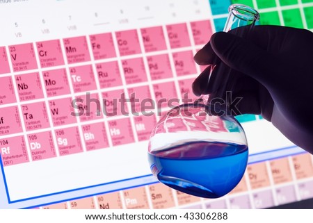 Scientific concept--Scientist holding flask with blue liquid over a scientific background.